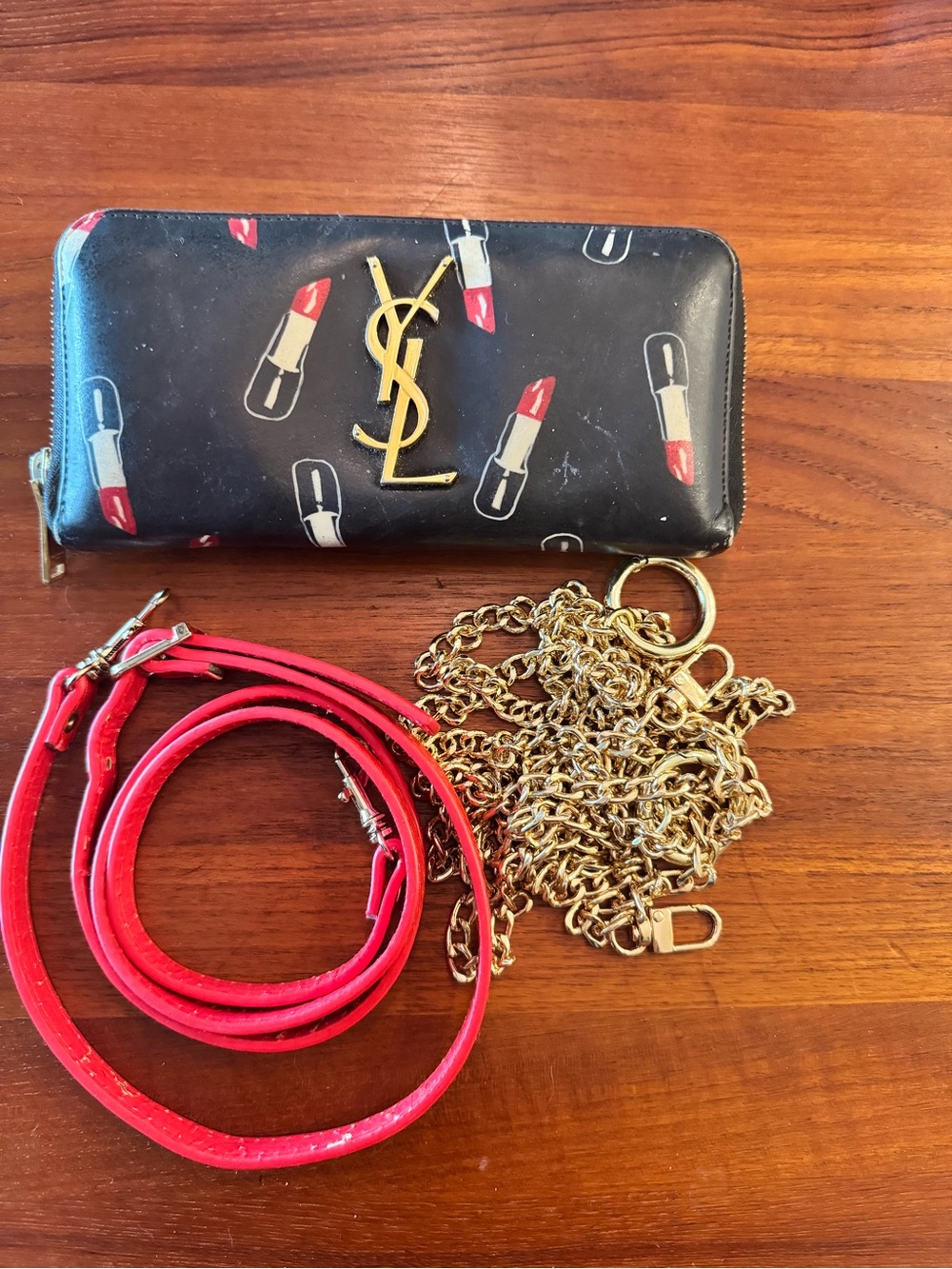 YSL Saint Laurent Black Lipstick Print Wallet Clutch Bag Chain and Red Strap